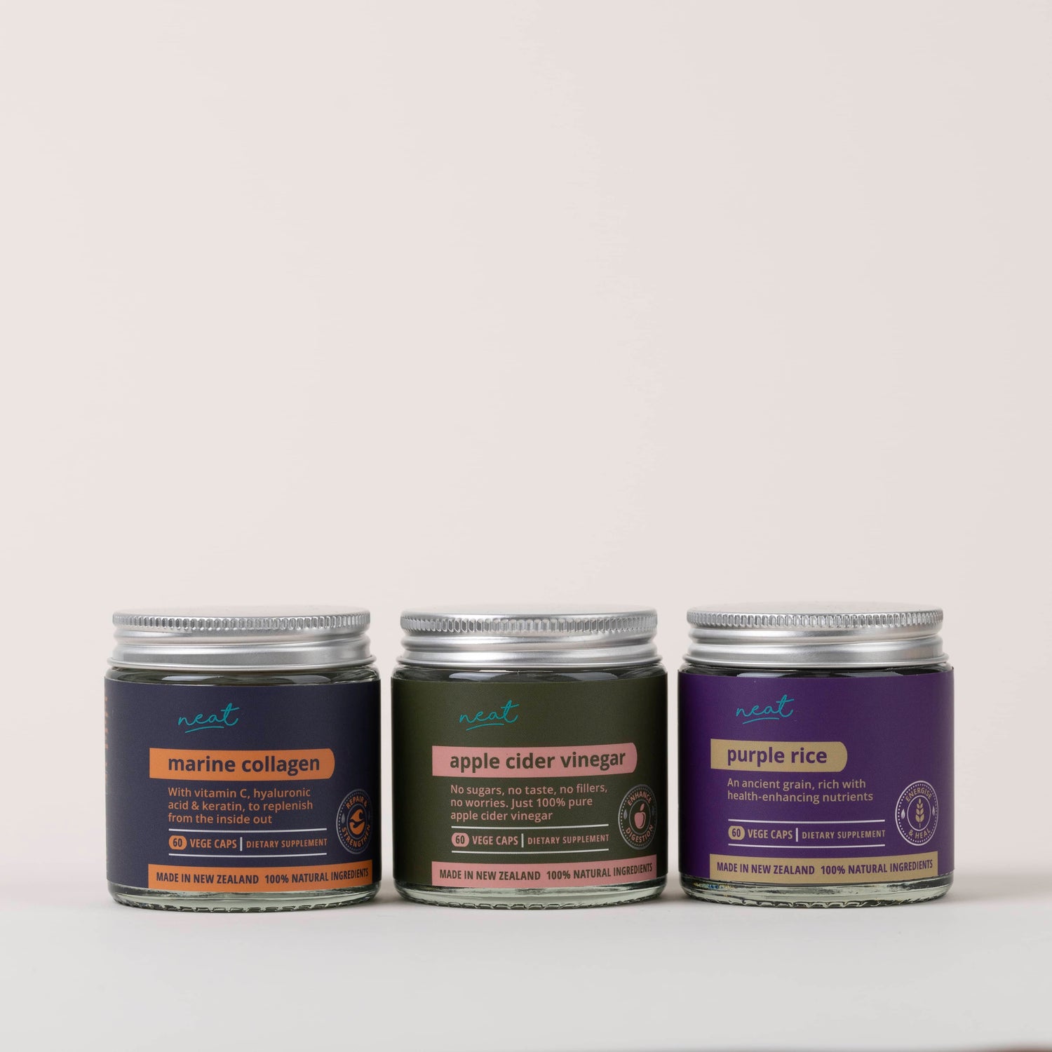 Neat Supplements Trio | Marine Collagen, Keratin & Hyaluronic Acid - Apple Cider Vinegar - Purple Rice Antioxidant