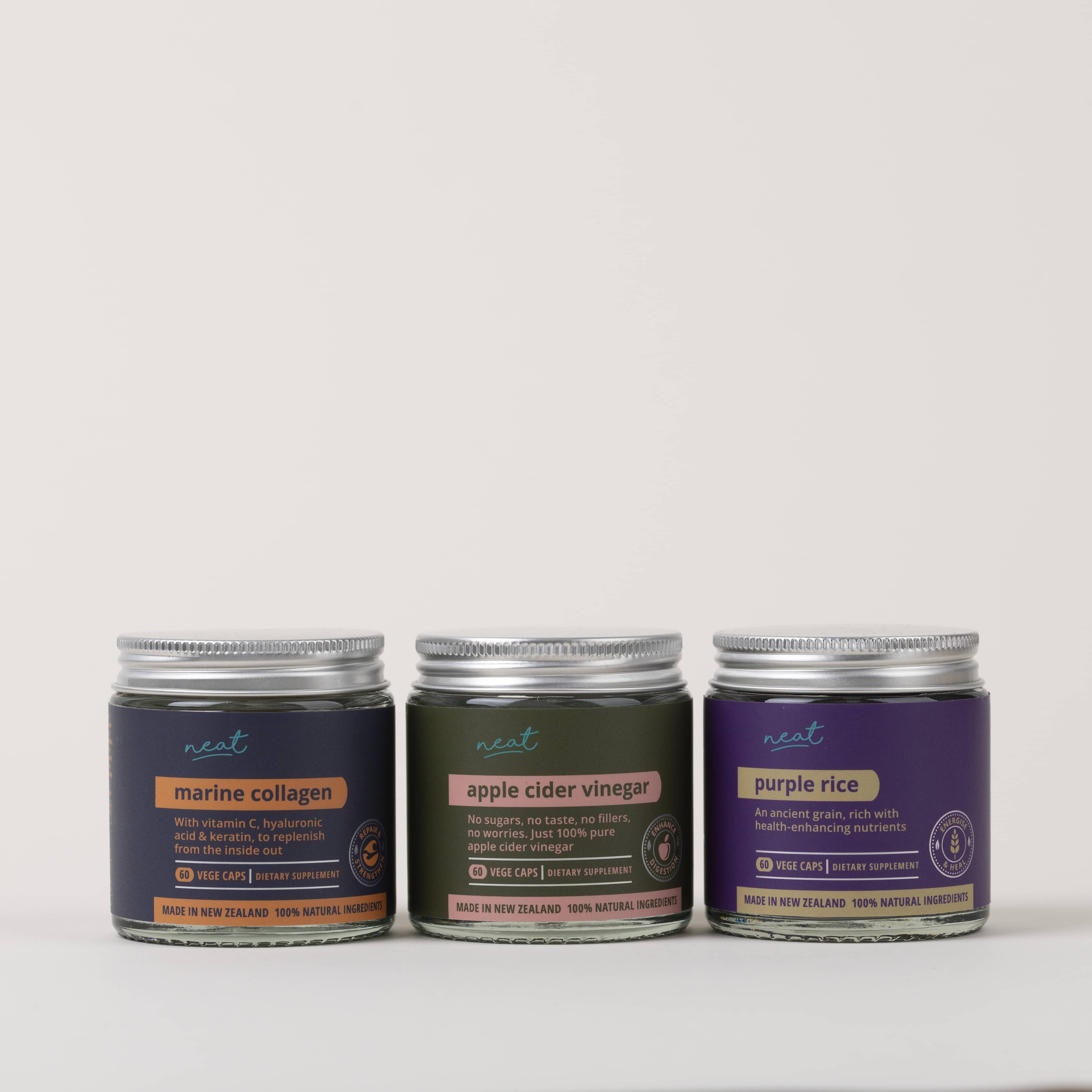Neat Supplements Trio | Marine Collagen, Keratin & Hyaluronic Acid - Apple Cider Vinegar - Purple Rice Antioxidant