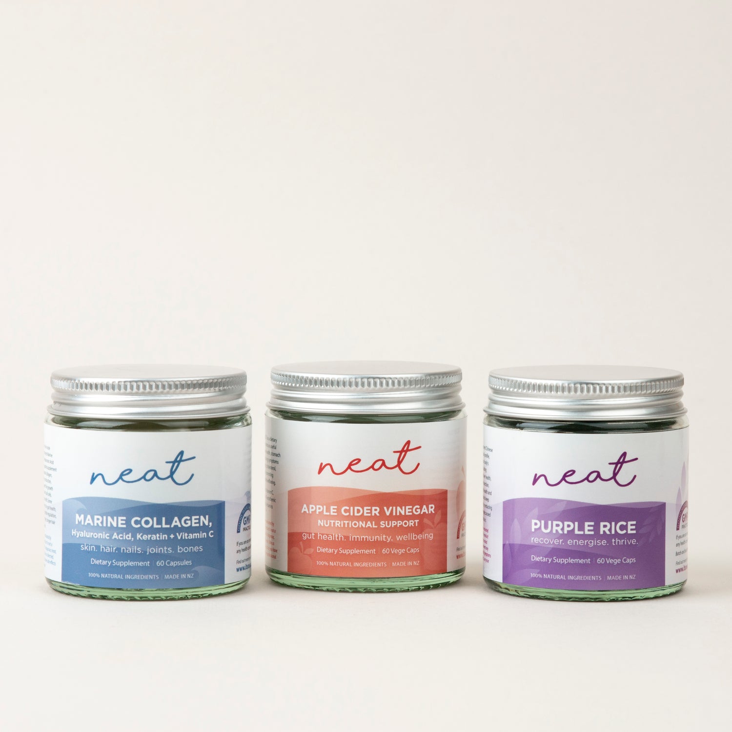 Neat Supplements Trio | Marine Collagen, Keratin &amp; Hyaluronic Acid - Apple Cider Vinegar - Purple Rice Antioxidant