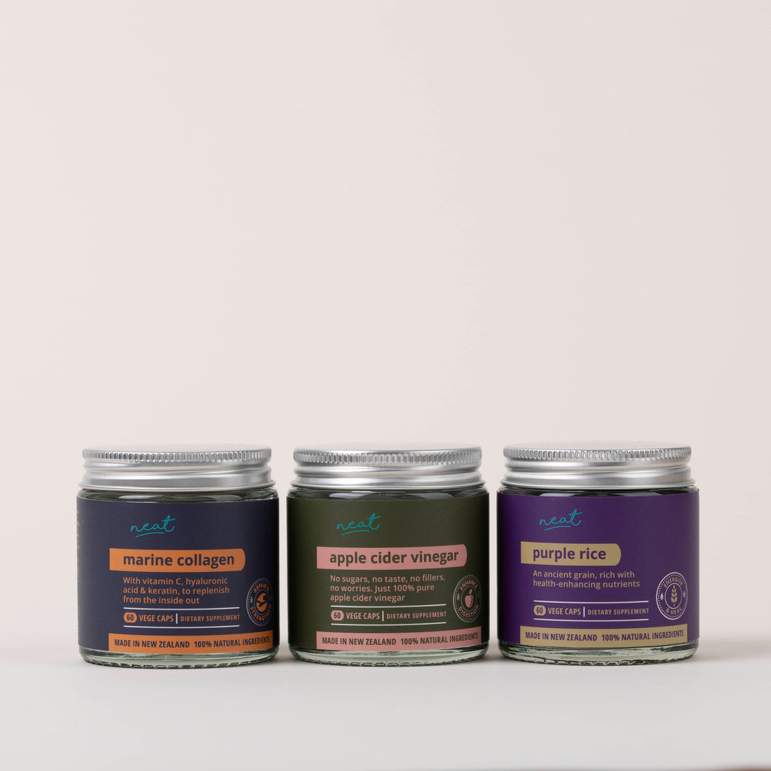 Neat Supplements Trio | Marine Collagen, Keratin & Hyaluronic Acid - Apple Cider Vinegar - Purple Rice Antioxidant